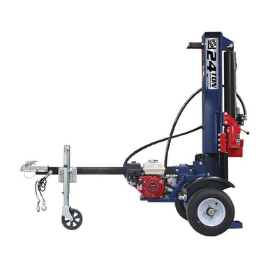 side view of Iron and Oak 24 Ton Tow Behind Log Splitter on vertical position