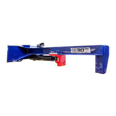 side view iron & oak log splitter 30-ton skid steer mount with white background