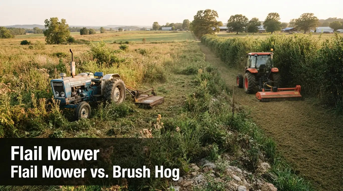 Flail mower and brush hog rotary cutter side by side in a field showing mechanical differences between both tools