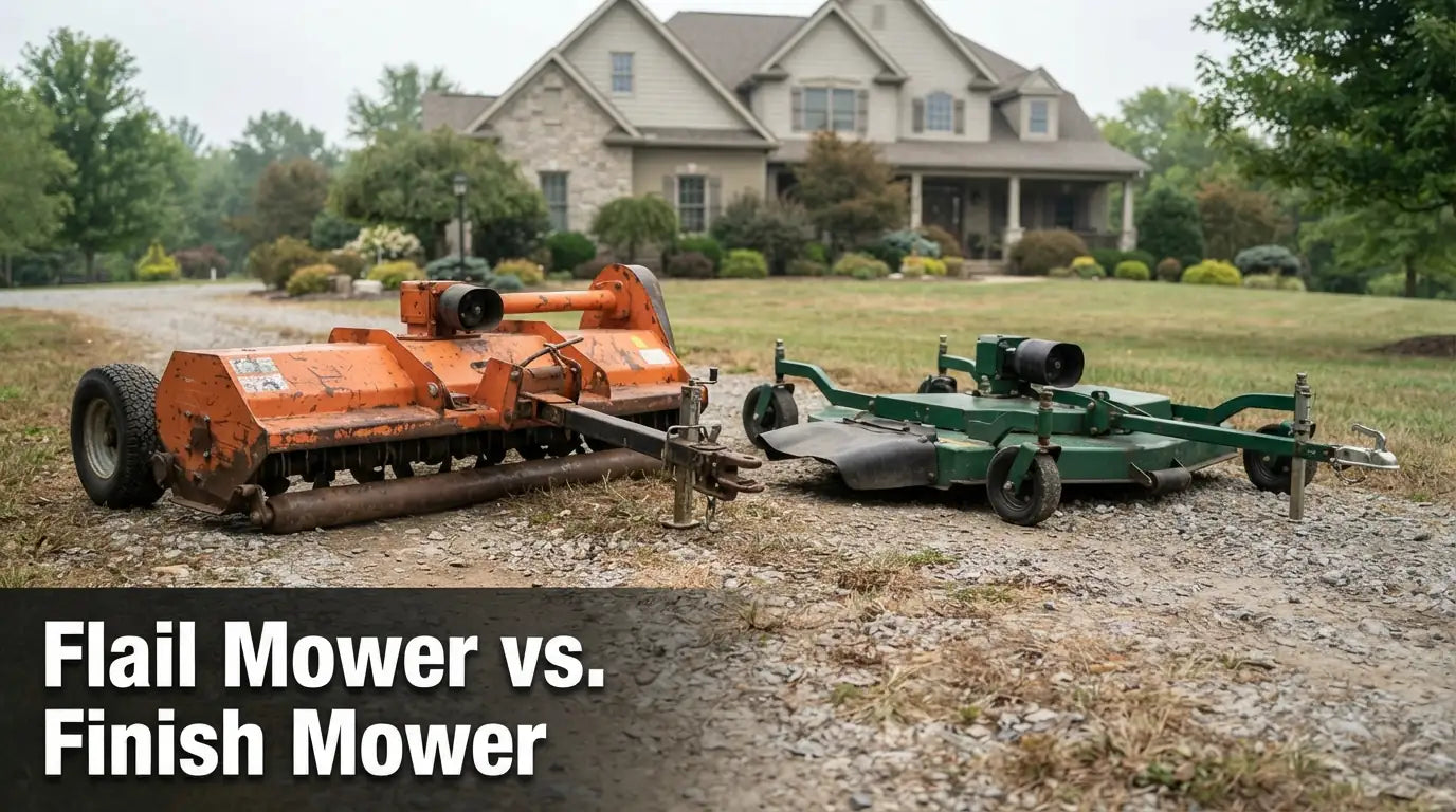 Flail mower and finish mower side by side showing the difference in cut mechanism and terrain capability