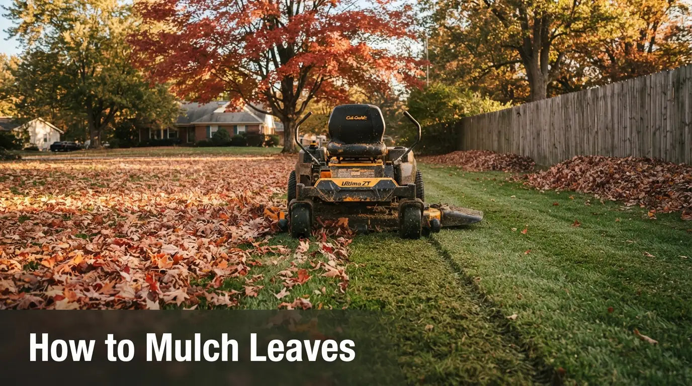 Zero-turn mower mulching fallen leaves on a residential lawn