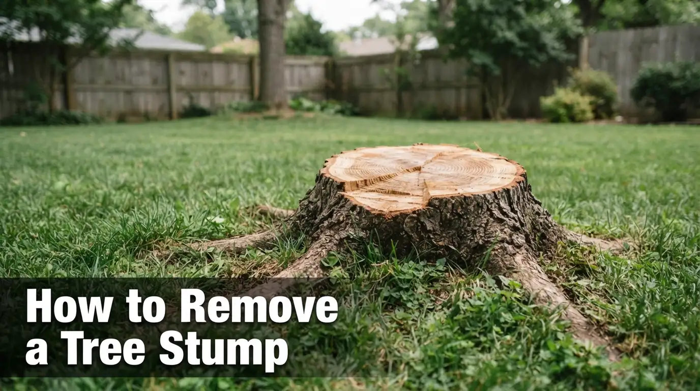 Person using a pry bar and mattock to remove a tree stump from a residential yard