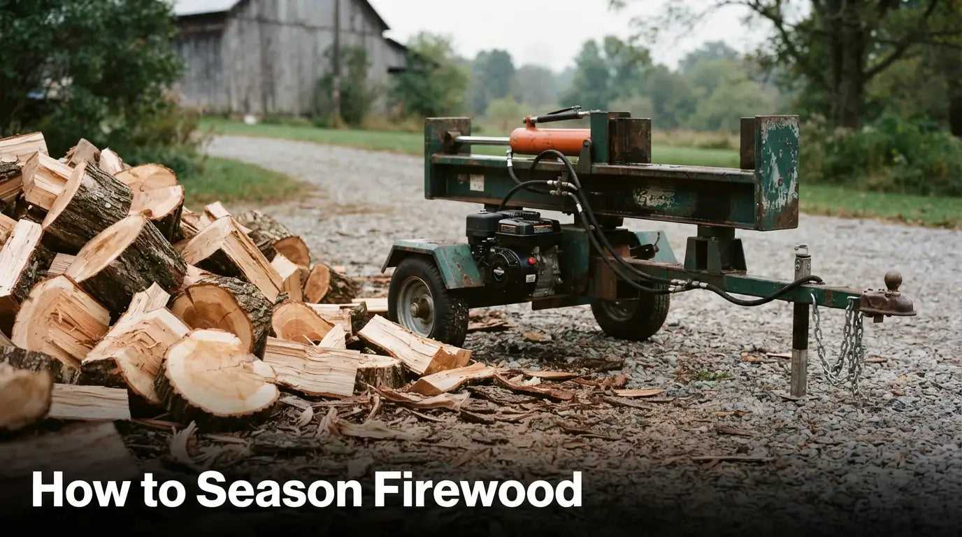 Log splitter processing firewood rounds into splits for faster seasoning and drying to target moisture content