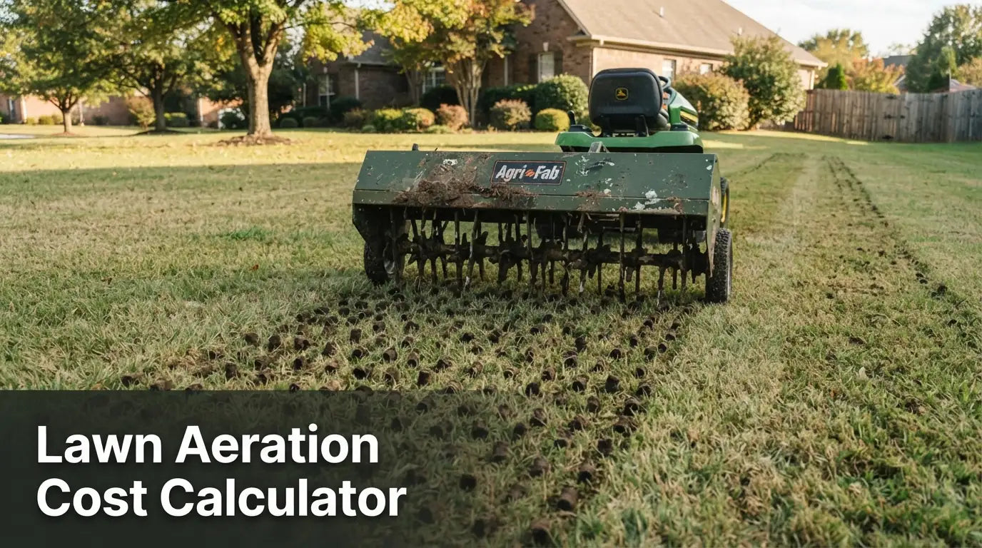 Lawn aeration cost calculator, tow-behind aerator working on a residential lawn