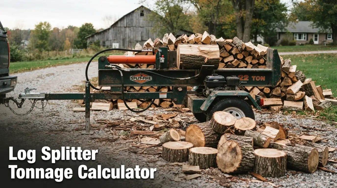 Log splitter tonnage calculator, hydraulic log splitter splitting a hardwood round