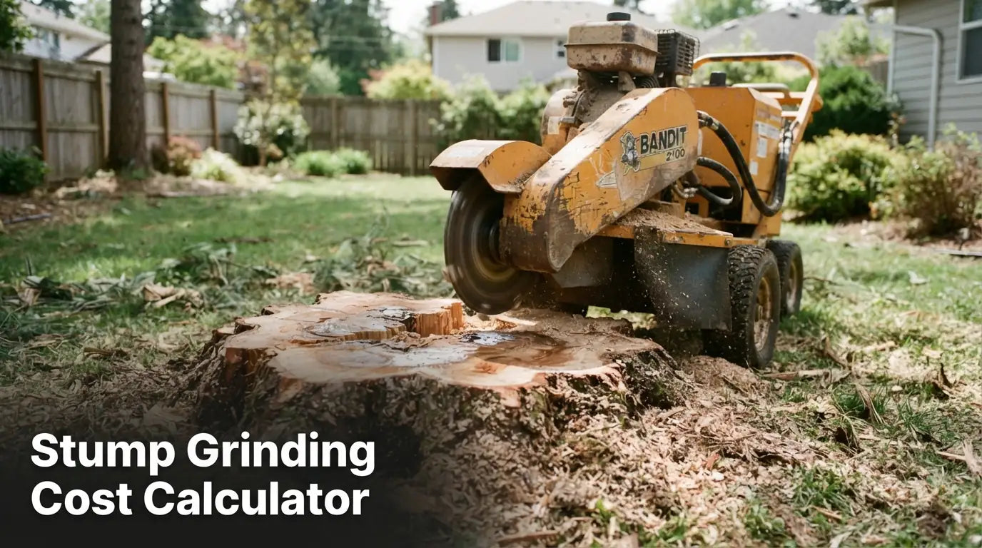 Stump grinding cost calculator, professional stump grinder at work on a residential property