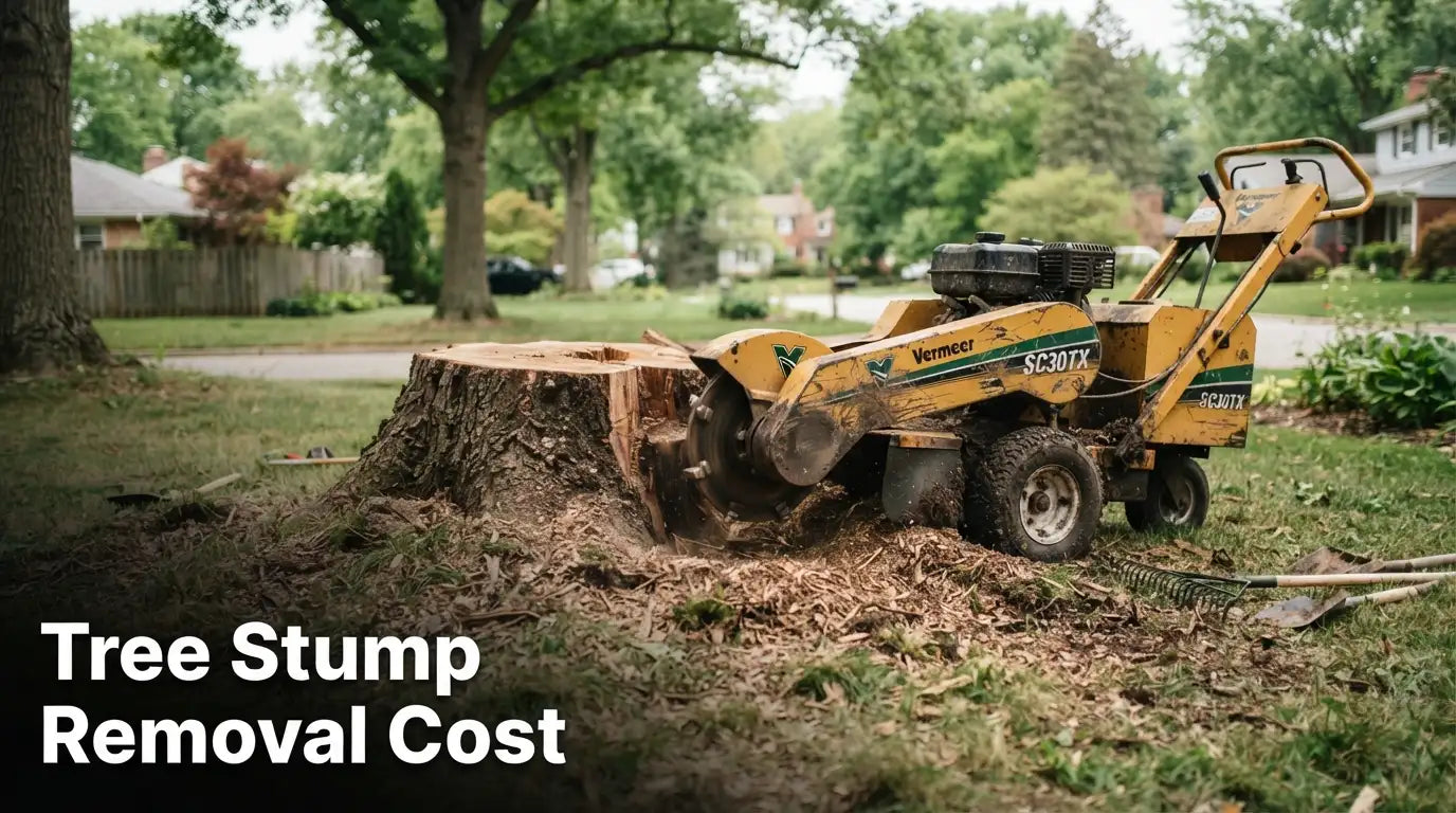 Professional stump grinder operator removing a large tree stump from a residential yard