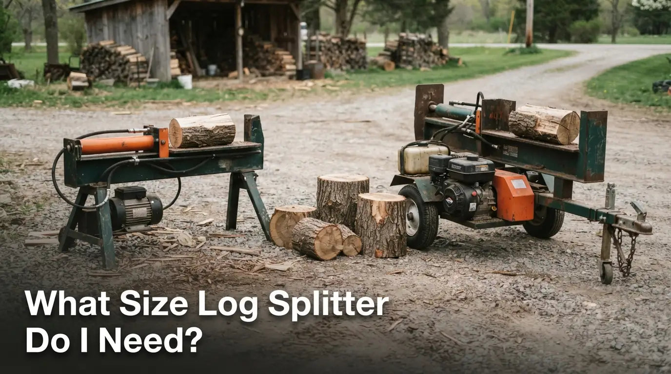 Log splitter sizing guide showing what size log splitter is needed based on wood type and log diameter