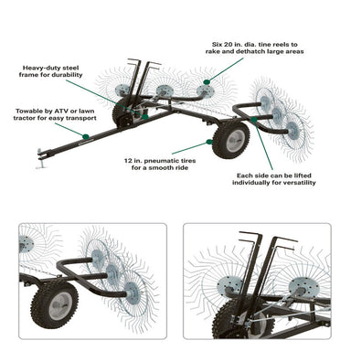 info graph of Strongway Acreage Rake with 60 In. 6 Tine Reels features