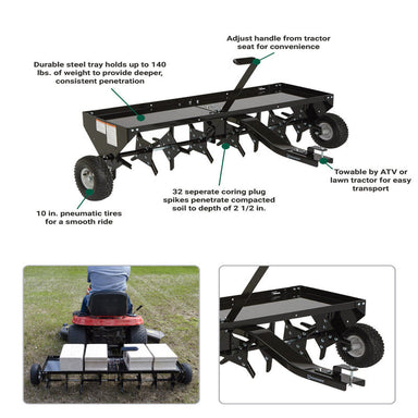 info graph of Strongway 48-Inch Tow Behind Plug Lawn Aerator | 32 Coring Plugs features