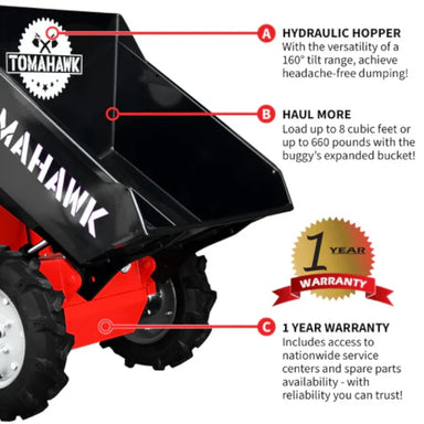 Infograph of Tomahawk 30 Inch Concrete Power Buggy Electric Battery Mini Dumper Features