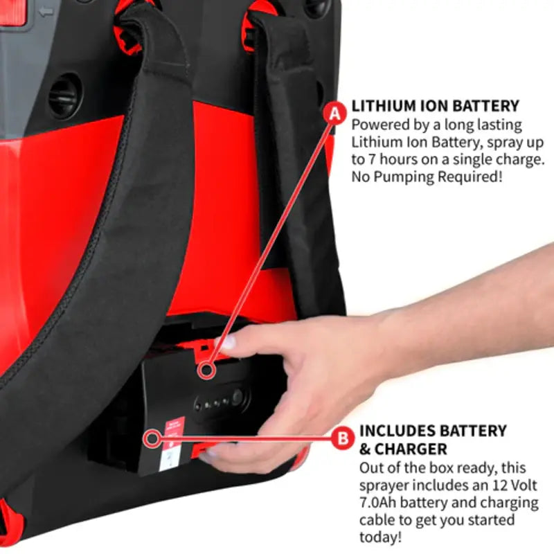 Infograph of Tomahawk 4.75 Gallon Battery Powered Backpack Sprayer's Battery Features