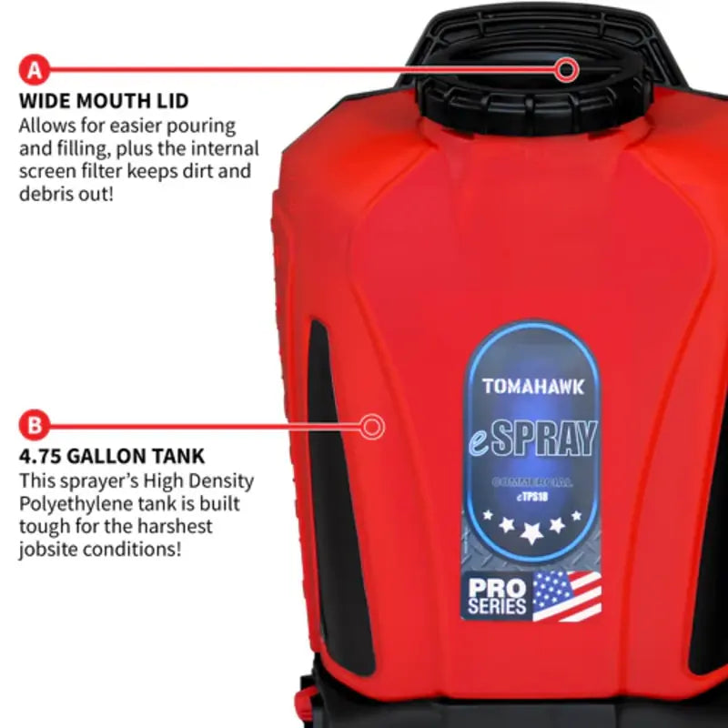 Infograph of Tomahawk 4.75 Gallon Battery Powered Backpack Sprayer's Tank and Lid Features