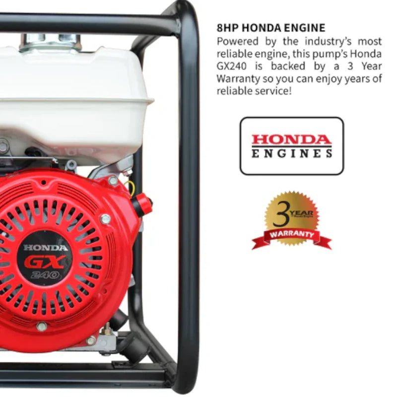 Infograph of Tomahawk TW3H 3" Industrial Full Trash Pump Powered By Honda 8HP GX270 Features