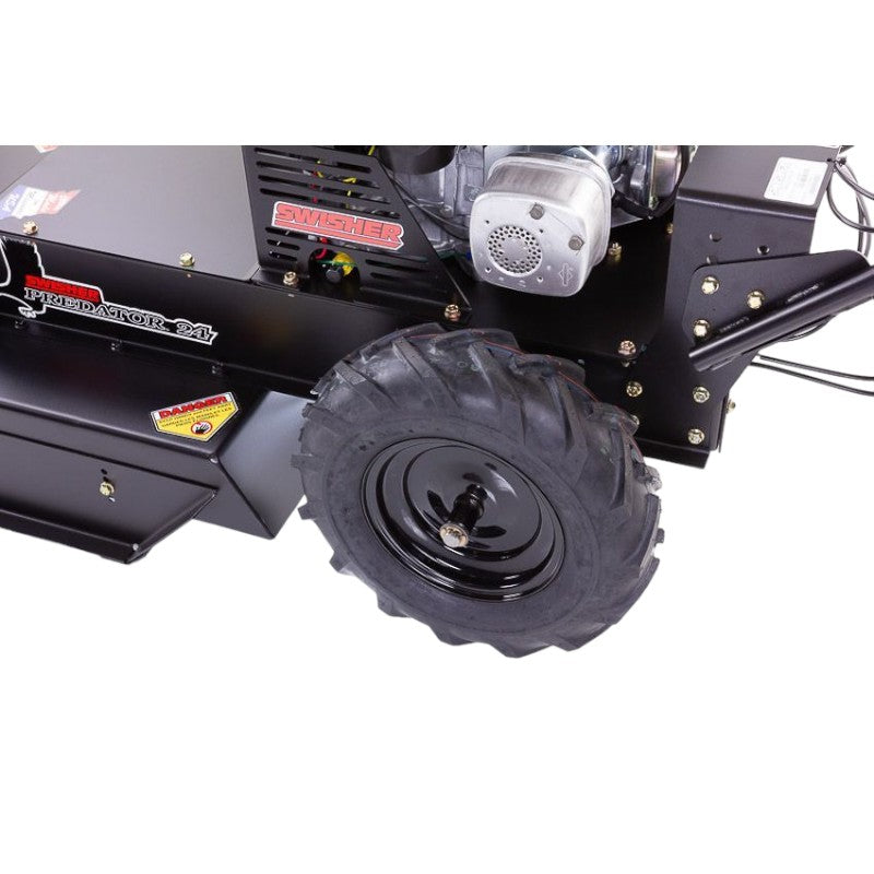 Large pneumatic chevron tread tires on the Swisher WRC11524BS 11.5 HP 24 Deck Walk Behind Briggs Stratton Brush Cut Mower