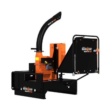 Partial Right Side of Crary Bear Cat 5-inch Skid Steer Chipper with Feed Chute Covered by The Chute Tray extension