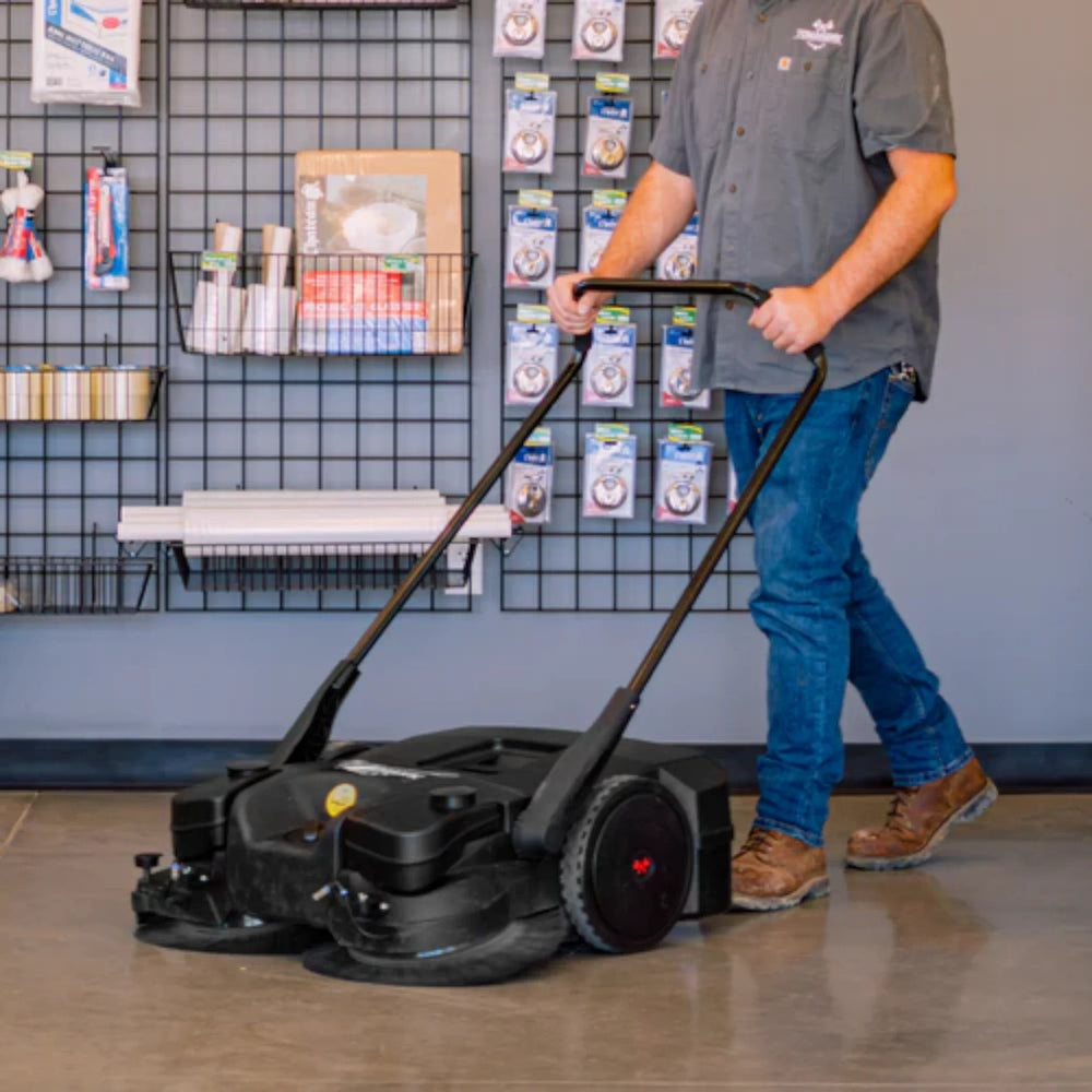 Tomahawk 30" Battery Powered Push Sweeper with Triple Power Brooms Electric Drive and Dust Suppression On the Retail Store