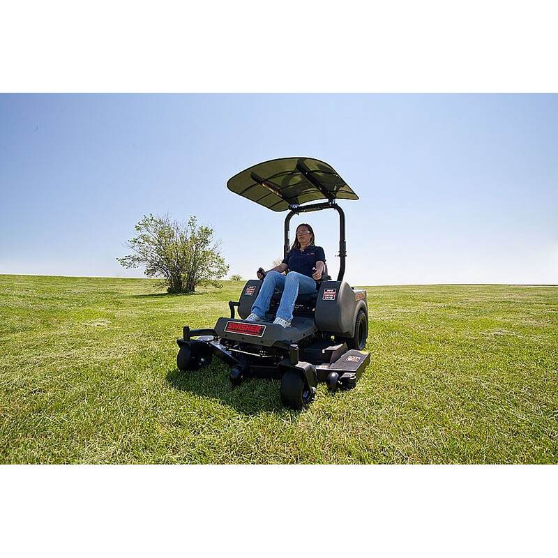 front view of Woman riding on her Zero turn mower with sunshade