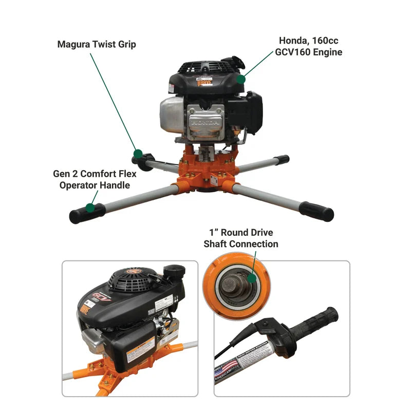 infograph of BravePro Two-Man Earth Auger W/ 1" Round Connection (BRA250H) features