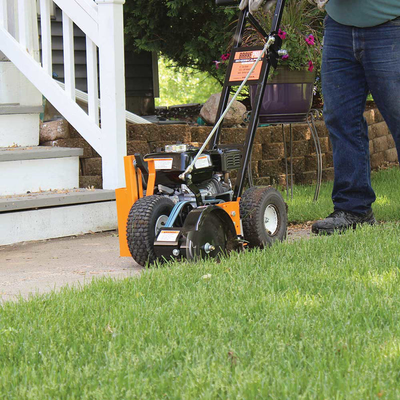 side view of BravePro Star Blade Lawn Edger operated by a man