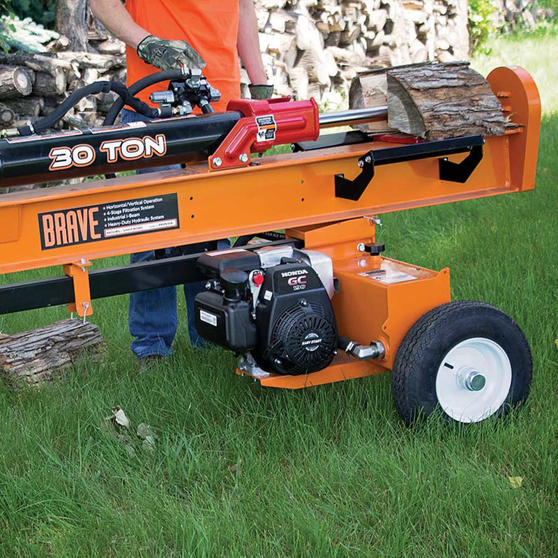 Man Operating the Brave VH1730GC 30 Ton Log Splitter Powered by Honda GC190