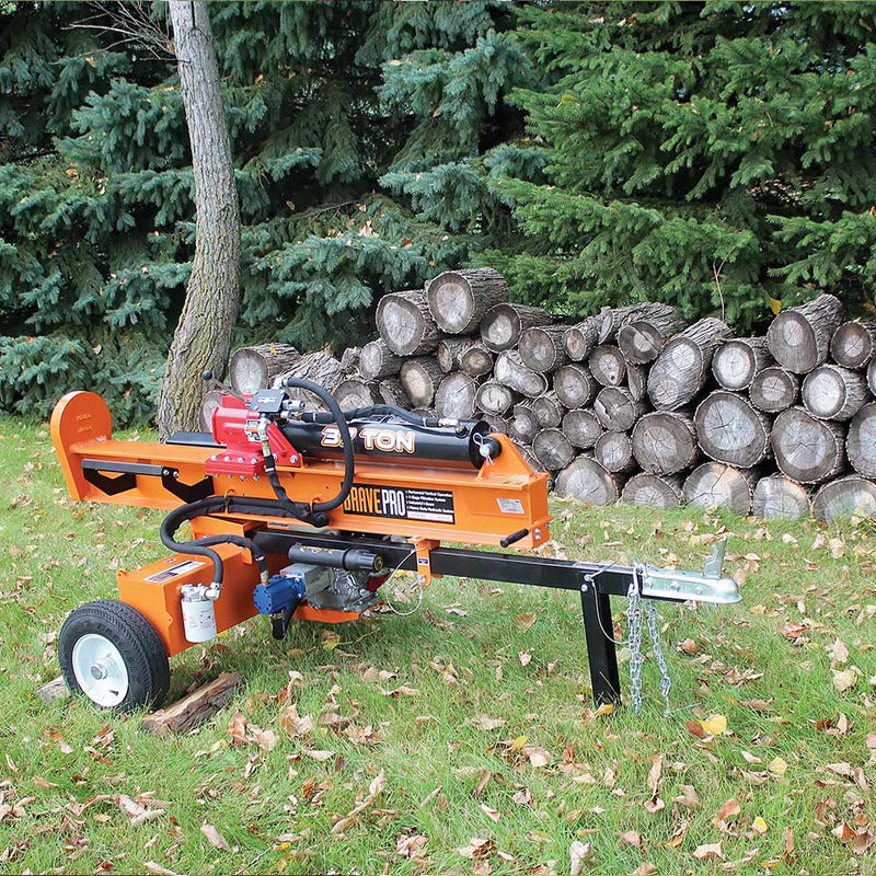 Side View of Brave VH1737GX 37 Ton Log Splitter Powered by Honda GX270 next to a file of logs