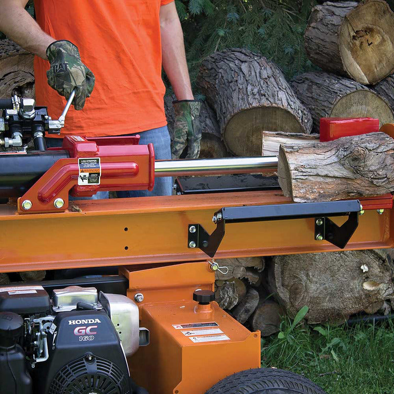 closed up view of a man operating the Brave VH1724GC 24 Ton Log Splitter Powered by Honda GC160 in horizontal position