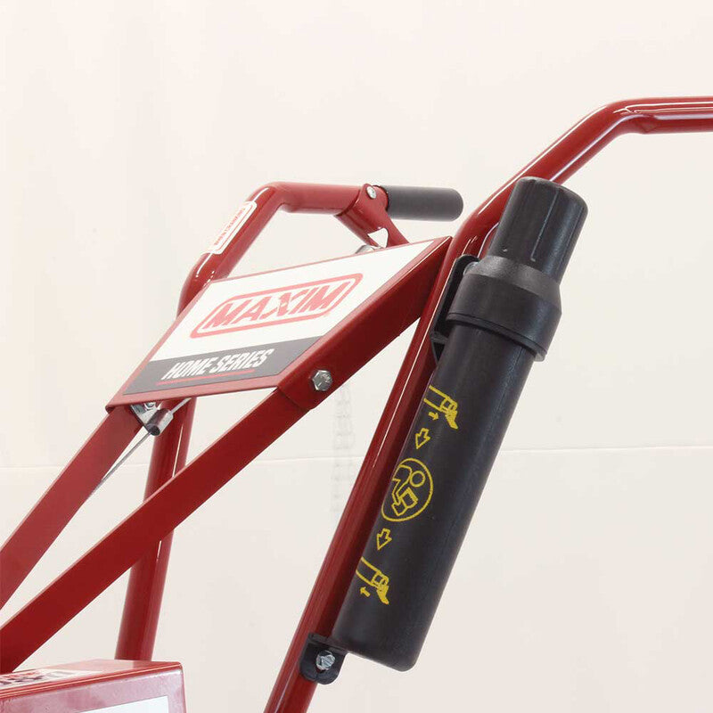 tiller handle bar painted in red with a black plastic bottle on the side for the user manual