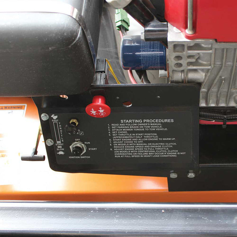 engine panel of Brave Finish Cut Pull-Behind Mower