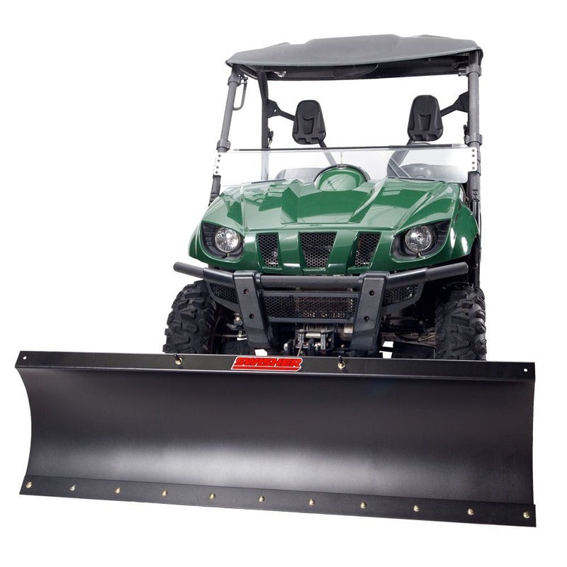 front view of green UTV with Swisher 2850 62" Rolled  Steel UTV Plow  Blade