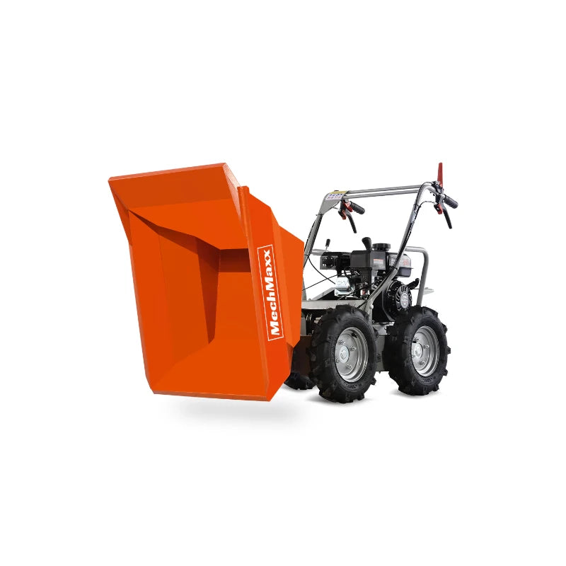 Front view of MechMaxx 660lbs Capacity 7HP Gas Powered Wheelbarrow Cart T30 3F+1R Gearbox in dumping Position