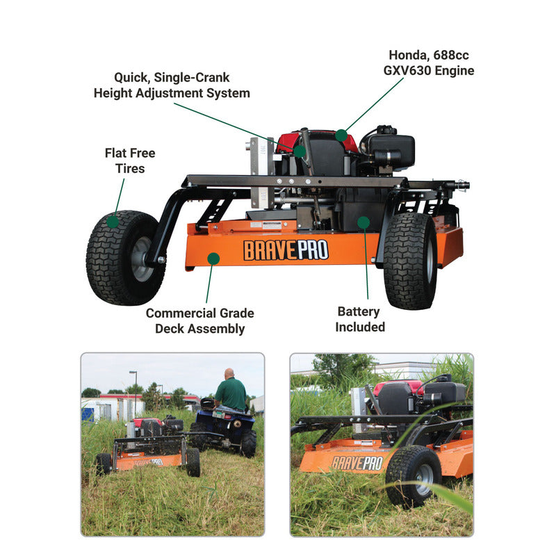 infograph of BravePro 44 Inch Rough Cut Tow Behind Trail Cutter (BRPRC108HE)