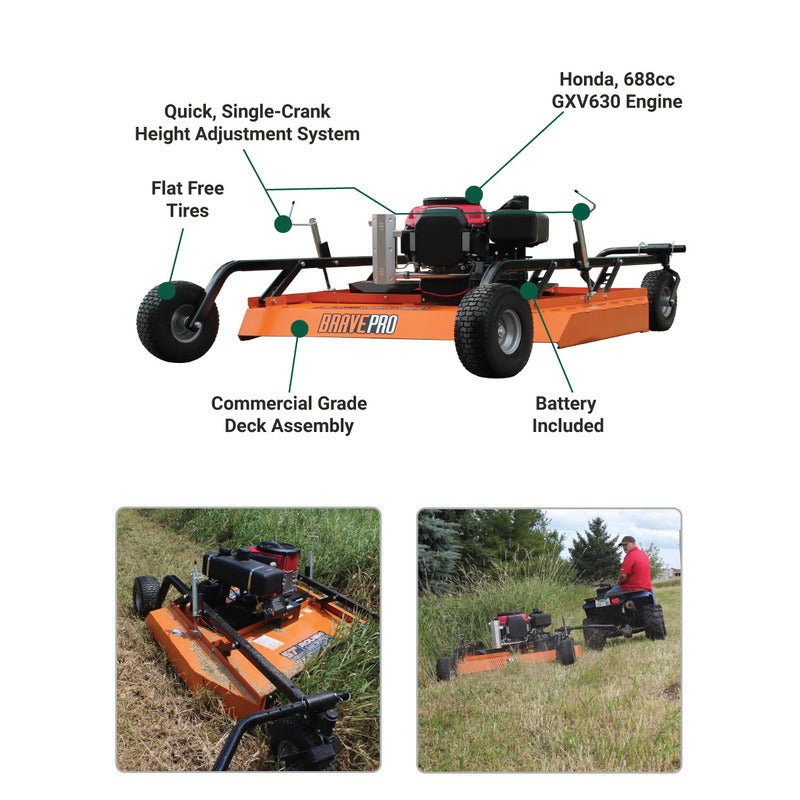 Infograph of the features of Brave Pro 57" Rough Cut Pull-Behind Mower(BRPRC110HE)with Honda GXV630 Engine