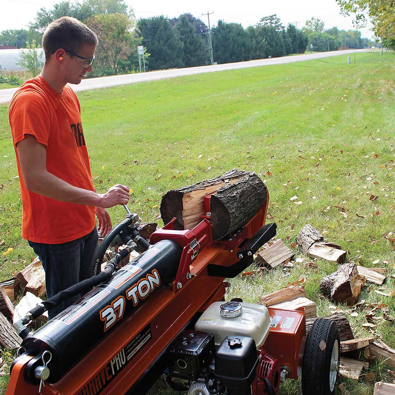 Log was split in half with Side View of Brave VH1737GX 37 Ton Log Splitter Powered by Honda GX270