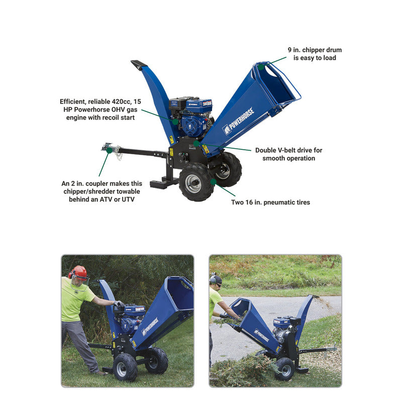 info graph of Powerhorse 5 Inch Towable Wood Chipper/Shredder's features