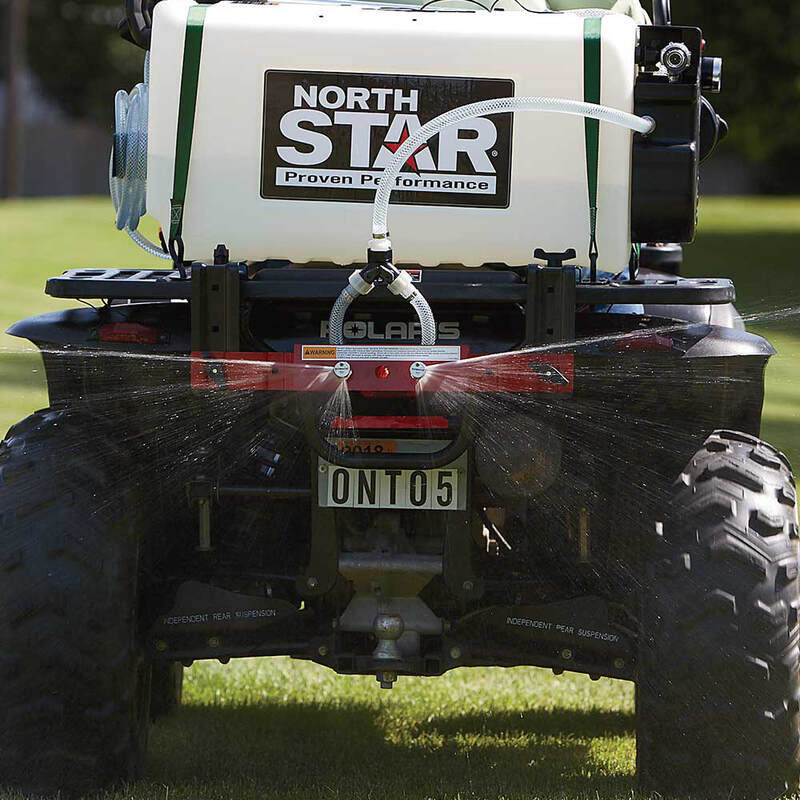 rear view of  ATV with NorthStar ATV boomless broadcast and spot sprayer mounted on it