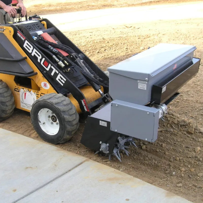 side view of a soil aerator attachment for your mini-skid steer / compact utility loader