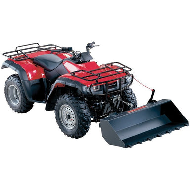 Red ATV with Swisher 16195 Scarifier Teeth Kit mounted on Universal Dump Bucket